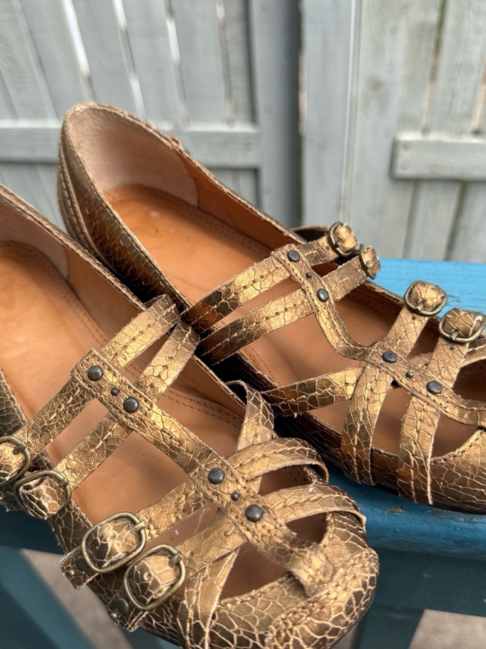 Frye Metallic Gold Strappy Flat Loafers